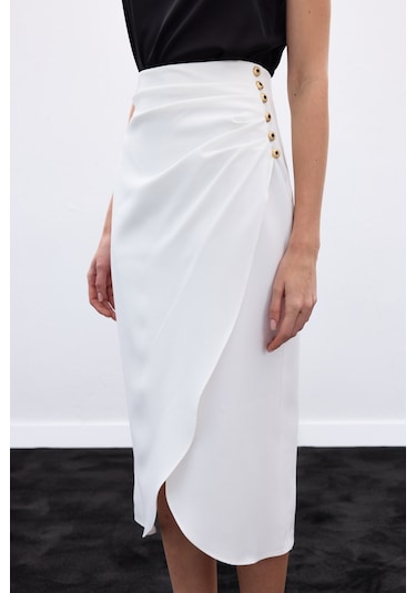 Sateen Düğme Detaylı Kalem Etek - Ekru-136778 Ekru