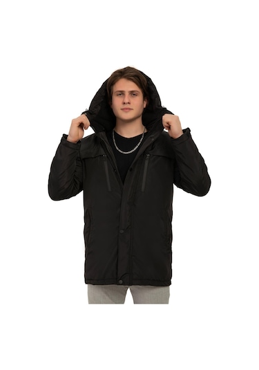 Erkek Polarlı Kürklü Su Ve Rüzgar Geçirmez Kapüşonlu Kışlık Mont & Kaban & Parka Siyah