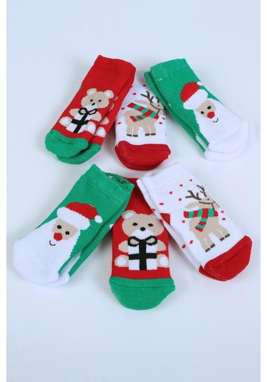 Pamuklu 6'lı Yılbaşı Noel Baba Kışlık Havlu Yenidoğan Bebek Çorap "Karışık Renkli"