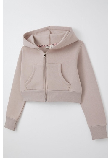 Breeze Kız Çocuk Crop Hırka Fermuarlı Kapüşonlu 8-14 Yaş, Vizon Vizon