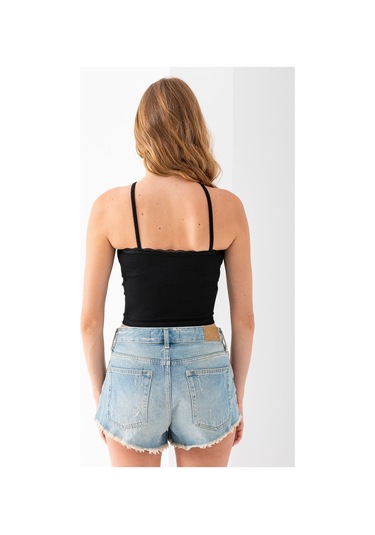 Giysa Kadın Çapraz Askılı Dantel Detaylı Crop Body Siyah - Ms0000309 Siyah