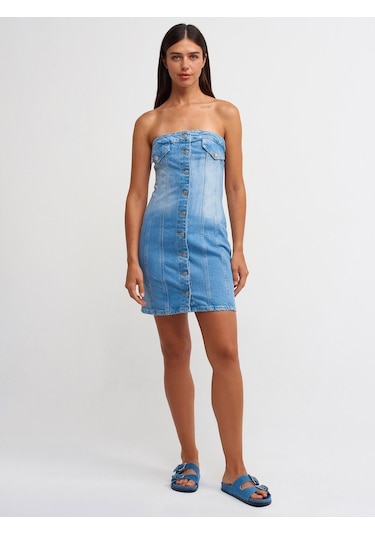 Dilvin 90525 Arka Bölümü Lastikli Mini Elbise-Mavi