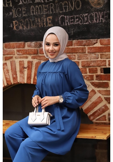 Fırfır Detaylı Tesettür İndigo Takım I Ndigo