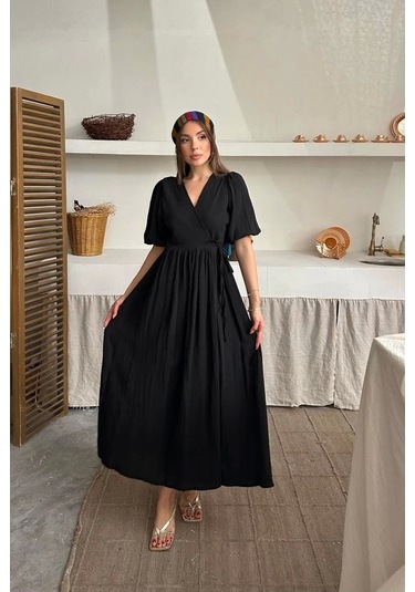 Siyah Müslin Uzun Elbise Siyah