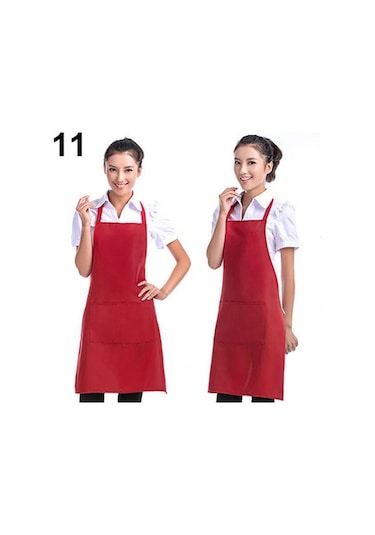 Kırmızı Unisex Basit Saf Renk Mutfak Restoran Önlüğü Cepli Pişirme Önlüğü
