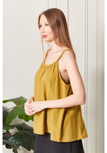 Şık Farklı Tarz Keten Işıl Bluz - Zarif Ve Modern Tasarım HARDAL