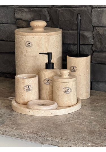 Yeni Traverten Doğaltaş Kendinden Kulplu 7'li Banyo Seti Büyük Çöp Kovalı 26x20 Beyaz