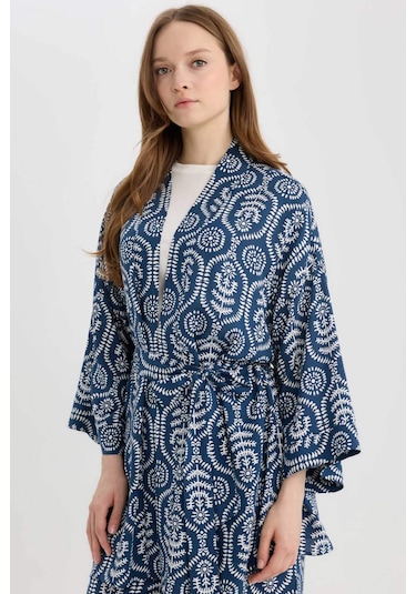 DeFacto 	Relax Fit Desenli Kuşaklı Kimono D5443AX25SPBE399 Mavi