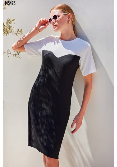 Kadın Bisiklet Yaka Kısa Kollu Örme Elbise