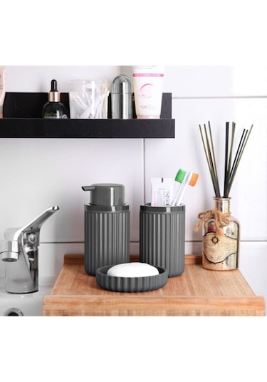 Lines Serisi Gri Banyo Seti, 3 Parça Oval Akrilik Sabunluk Fırçalık ve Sıvı Sabunluk Takımı - 3319