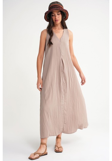 4700 Kadın V Yaka Önü Pileli Elbise Latte Latte