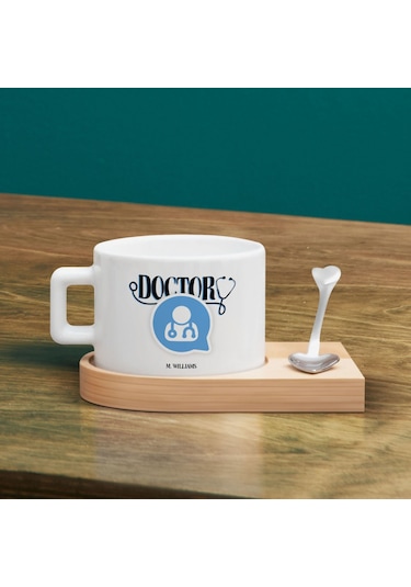 Bk Gift Kişiye Özel İsimli Doktor Tasarımlı-3, Ahşap Altlıklı Seramik Fincan, Meslek Hediyesi, Yeni İş Hediyesi Kobitmeyen137932 Bk Gift