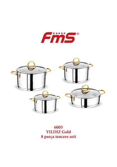 Fms Yıldız 8 Parça İndüksiyonlu Tencere Set Altın Kulp 18 x 20 x 24 x 24 CM
