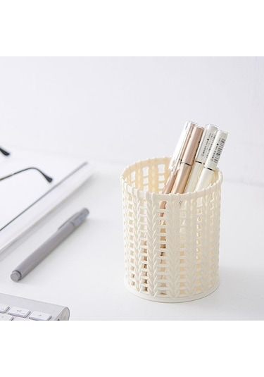 Yaratıcı Rattan Plastik Kalem Tutucu Içi Boş Kutular Öğrenci Masaüstü Ofis Kırtasiye Kova Kalem Bej