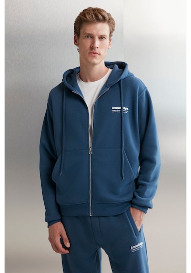 GRIMELANGE Aksel Erkek Yumuşacık Organik Pamuk Oversize Fermuarlı Baskılı Kapüşonlu Mavi Sweatshirt Mavi