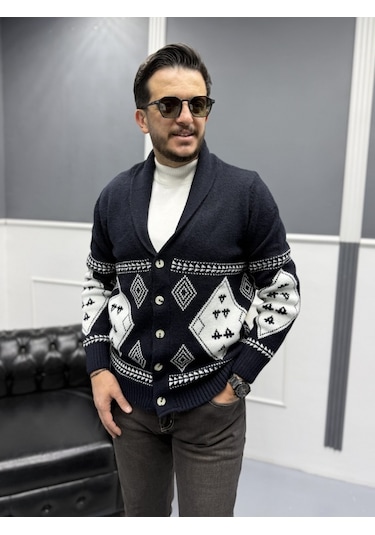 Avni Ceylan Retro Desenli Şal Yaka Erkek Triko Hırka Siyah