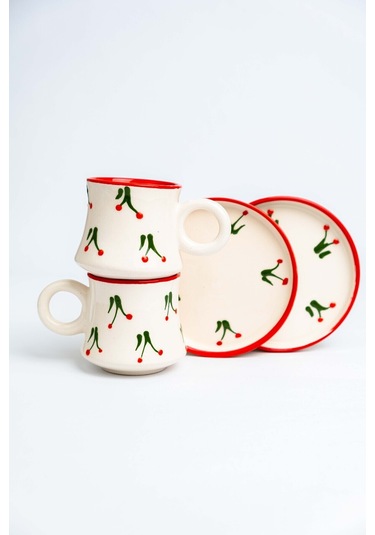 2 Li Takım Kirazlı Desenli El Yapımı Kazan Seramik Kahve Fincanı, Kahve Fincanı Beyaz