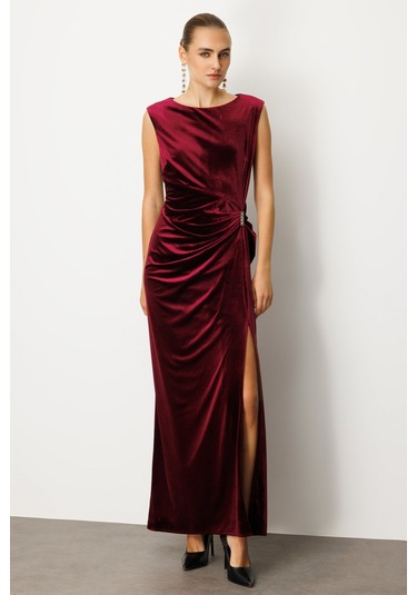 Ekol Kadın Beli Büzgülü Maxi Kadife Elbise 4141 Bordo Bordo