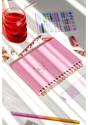 A5 Spiralli Sert Kapak Keten Noktalı Tarihsiz Not Defteri Şeker Pembe Şeker Pembe