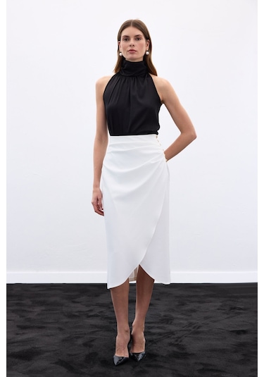 Sateen Düğme Detaylı Kalem Etek - Ekru-136778 Ekru