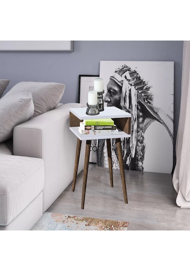 Eymen Ahşap Ayaklı Yan Sehpa Köşe Sehpa Beyaz-barok