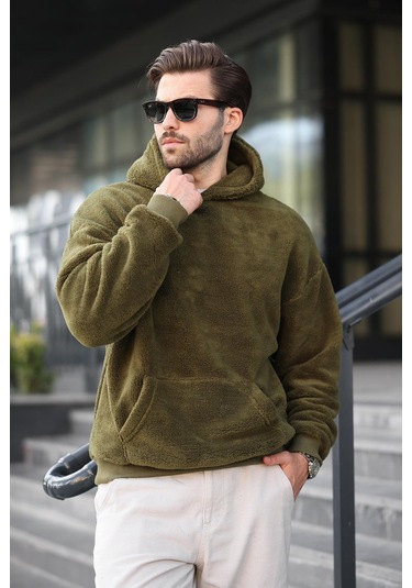 Haki Peluş Kapüşonlu Erkek Sweatshirt 6050 Haki