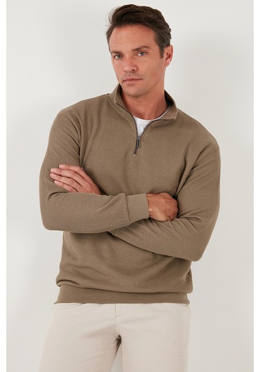 Buratti Pamuklu Regular Fit Yarım Fermuarlı Dik Yaka Erkek Sweat 5905716 Koyu Vizon