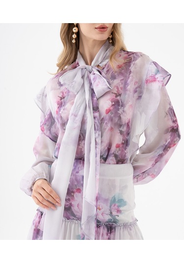 Fırfır Detaylı Transparan Çiçek Desenli Bağlama Yakalı Takım Lila