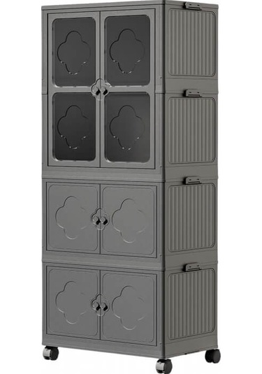 Piev Çok Amaçlı Büyük Hacimli Tekerlekli Katlanabilir 3 Katlı Saklama Kabı Gardırop Organizer Antrasit Antrasit