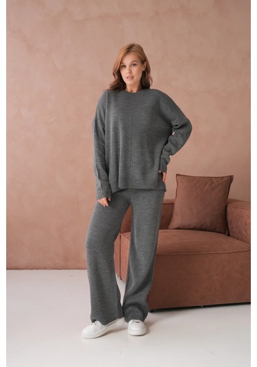 Kadın Bisiklet Yaka Yırtmaçlı Kazak Pantolon İkili Triko Takım Antrasit