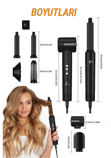 Veryfit 7 in 1 Hava Üflemeli Saç Düzleştirici Bukle Maşa Airwrap Compact Saç Kurutma Fön Makinesi Siyah
