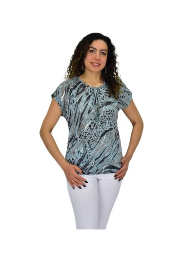 Kadın Kısa Kol Baskılı Bluz Bgl-st04706 Mint-Yeşili