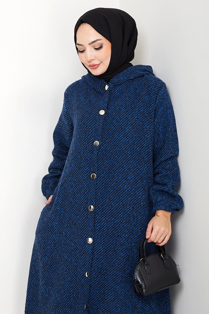 Çizgi Detay Kapüşonlu Kaşe Kap 1634 - İndigo İndigo