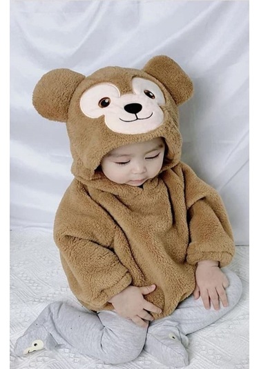 Aden Kids Kapüşonlu Bebek Peluş Çıtçıtlı Body Kahverengi