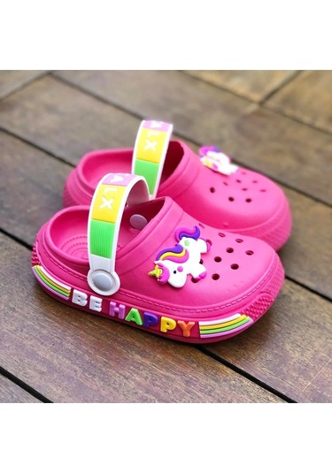 Kız Çocuk Unicorn Figürlü Kaydırmaz Taban Terlik Sandalet Fuşya