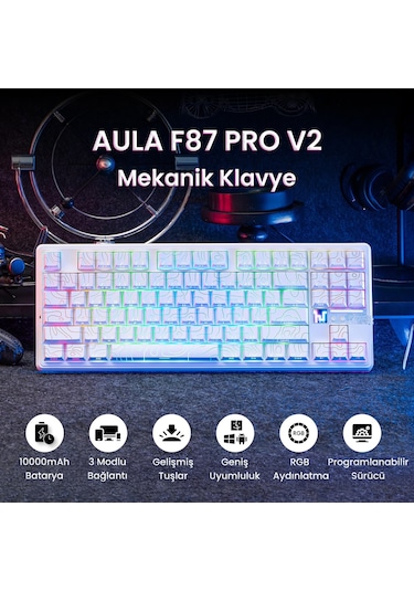 Aula F87 Pro V2 Mekanik Rgb Tkl Star Vector Switch Kablosuz Makrolu Hot Swap Klavye Desenli Beyaz