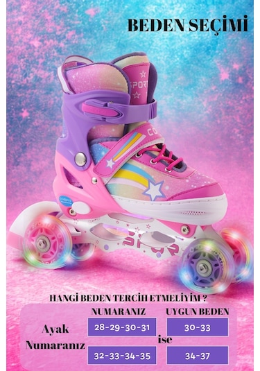 Yıldız Gökkuşağı Işıklı Kız Çocuk Pateni Silikon Teker Ayarlanabilir Paten Taşıma Çantalı Pembe Lila Pembe