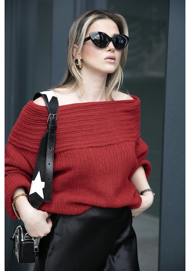 Lela Oversize Fit Madonna Yaka Triko Bayan Kazak 4615216 Kırmızı