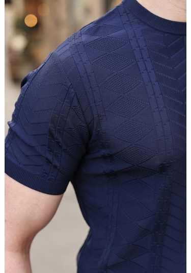 Lacivert Bisiklet Yaka Slim Fit Triko Erkek Tişört E7466