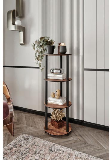 Dekoratif Masivo Kitaplık 4 Katlı 34 Çap Yuvarlak Çok Amaçlı Raf Ceviz