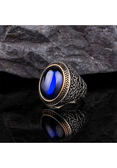 Lacivert Zirkon Taşlı Gümüş Erkek Yüzük Silver 925 Ayar