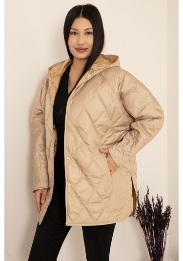 Kalopya Kapitone Kapşonlu Cepli Kısa Mont 4254- Ekru