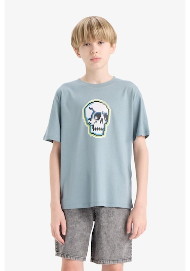 Defacto Erkek Çocuk Bisiklet Yaka Baskılı Kısa Kollu Tişört E4161a825smbe801 Mavi