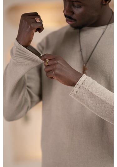 Regular Fit Likralı Kendinden Çizgili Mevsimlik Spor Kazak Vizon