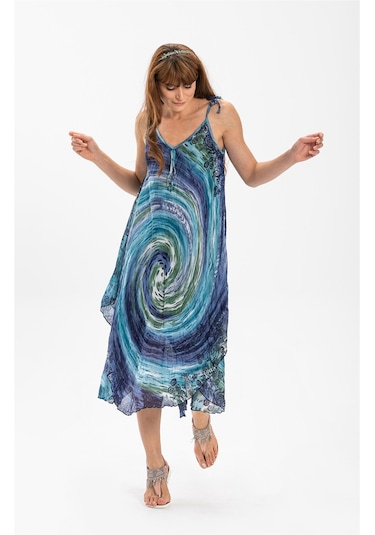 Askılı Vual Afrodit Midi Boy Elbise Lacivert 6007