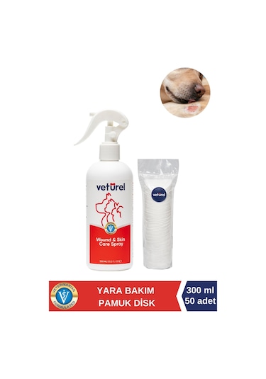 Veturel Köpek Yara Deri Bakımı Yanık Kaşıntı Kızarıklık Tahriş Yara Spreyi 300ml + Disk Pamuk 50li