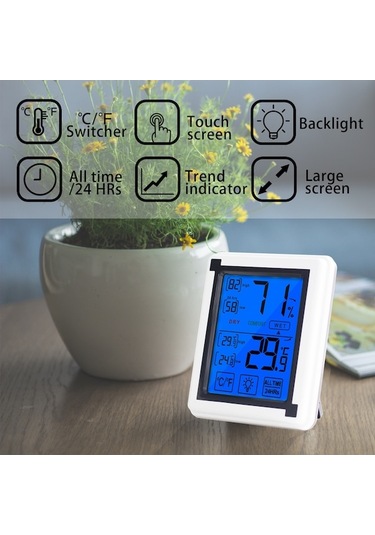 Dijital Dokunmatik Lcd Ekranlı Sıcaklık Nem Ölçer - Işıklandırmalı İç/ Dış Hava Durumu Monitörü Ev Ofis Kullanıma Uygun Pil Yok Beyaz-siyah