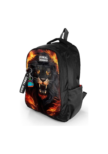Coral High Kids Siyah Aslan Desenli Üç Bölmeli Okul Sırt Çantası 23671 Siyah