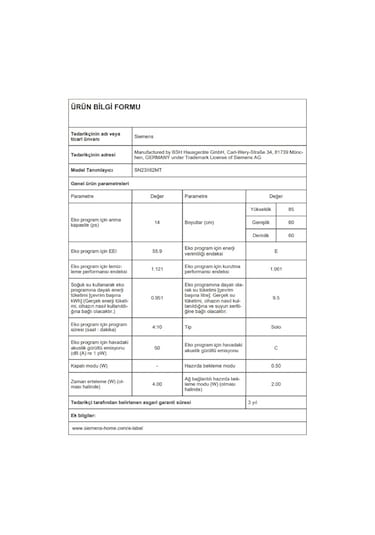 Siemens SN23II62MT 6 Programlı 14 Kişilik Bulaşık Makinesi