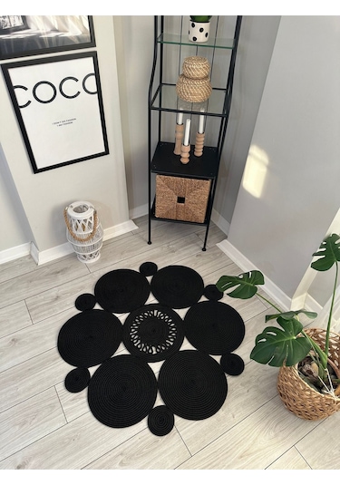 Bohem Jüt El Dokuma Halı Jüt İplik Halı Jüt Doğal Kilim Recycle Kilim Halı Jüt Örme Özel Tasarım Siyah